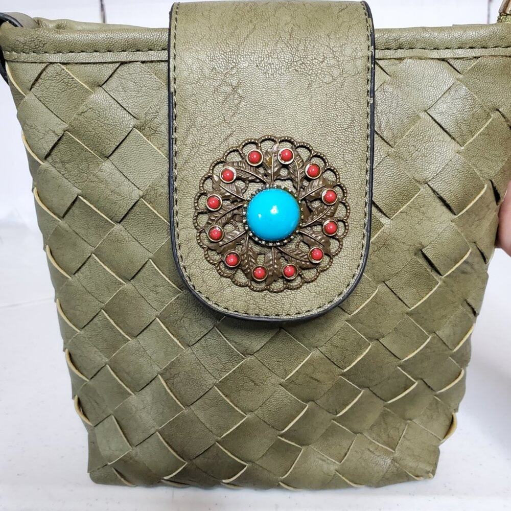 Vintage Boho Olive Green Turquoise Medallion Woven Festival Crossbody Bag - Picture 3 of 11